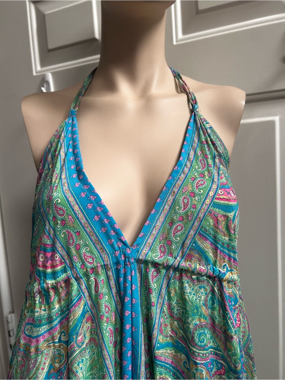Women's Halter Silk Maxi Dress in Aqua Paisley Sz S